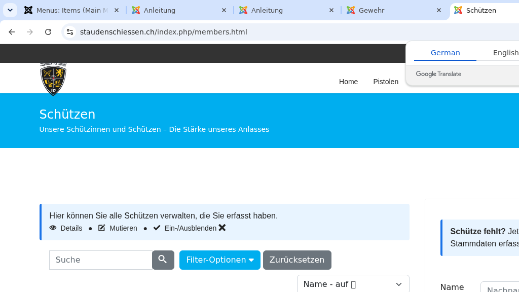 Mitglieder-Übersicht und Eingabefelder